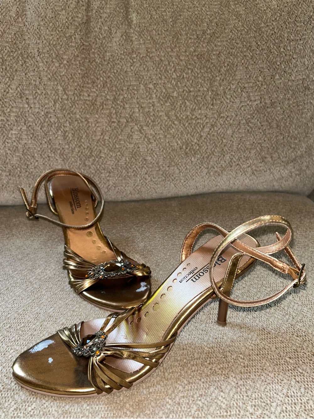 Blossom Collection Y2K Metallic Bronze Strappy Evening Heels Jewels Stilettos